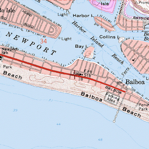 Topographic Map of Balboa Branch Newport Beach Public Library, CA