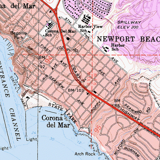 Topographic Map of Corona del Mar Branch Newport Beach Public Library, CA