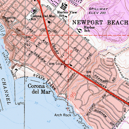 Topographic Map of Corona del Mar Post Office, CA