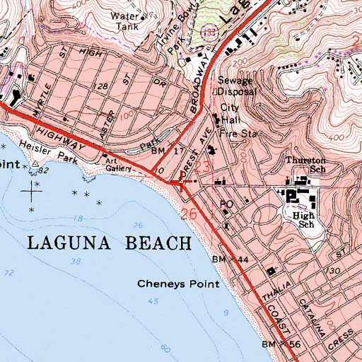 Topographic Map of Laguna Beach Branch Orange County Public Library, CA
