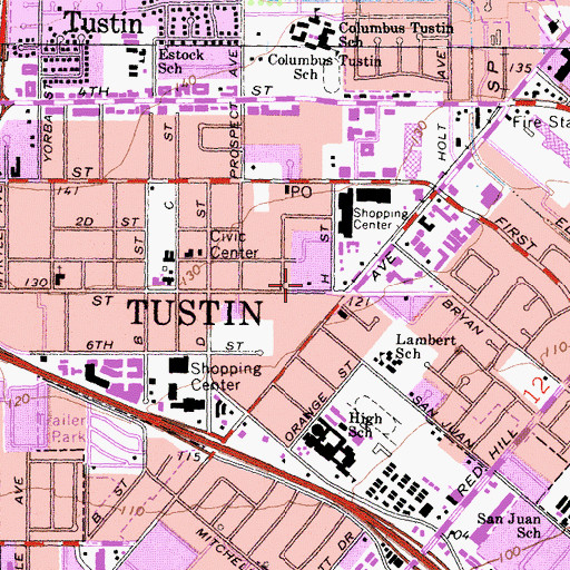 Topographic Map of Tustin Branch Orange County Public Library, CA