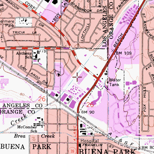 Topographic Map of Los Coyotes Shopping Center, CA