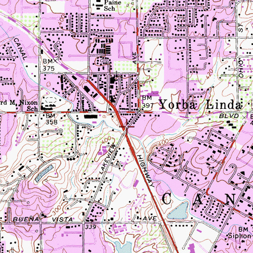 Topographic Map of Galleria De Yorba Shopping Center, CA