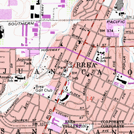 Topographic Map of Brea City Hall, CA