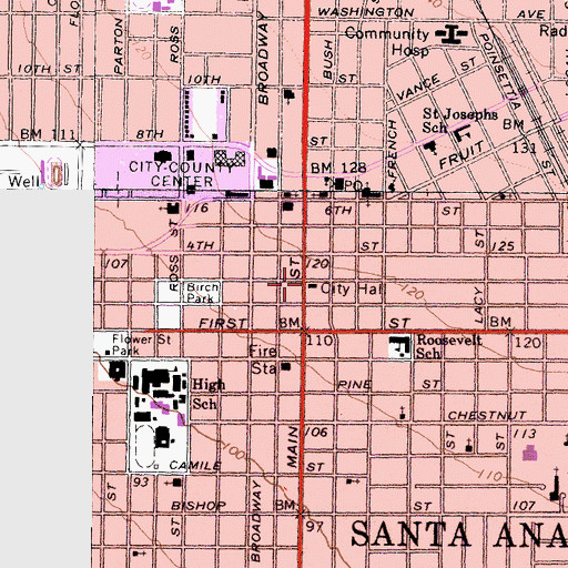 Topographic Map of Santa Ana City Hall, CA