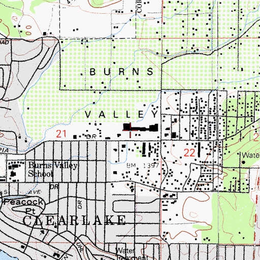Topographic Map of Burns Valley Mall Shopping Center, CA