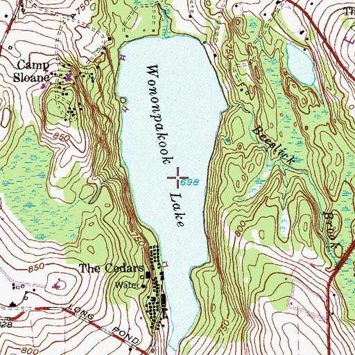 Topographic Map of Wononpakook Lake Dam, CT