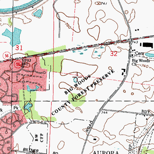 Topographic Map of Big Woods County Forest Preserve, IL