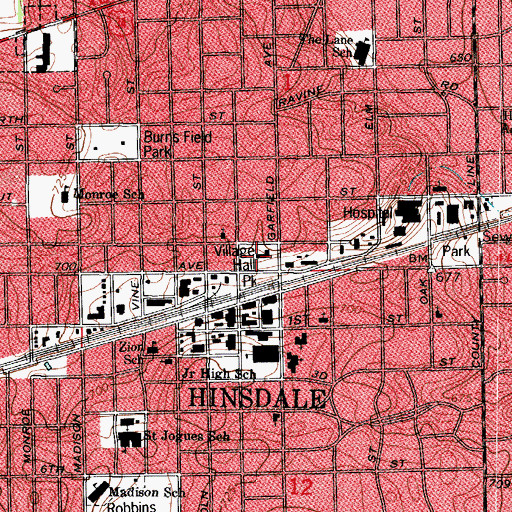 Topographic Map of Hinsdale Village Hall, IL