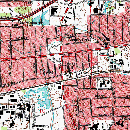 Topographic Map of Lisle Village Hall, IL