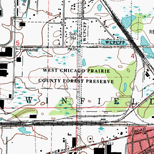 Topographic Map of West Chicago Prairie County Forest Preserve, IL