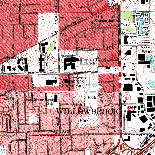 Topographic Map of Willowbrook Community Park, IL