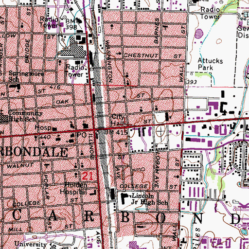 Topographic Map of Carbondale City Hall, IL