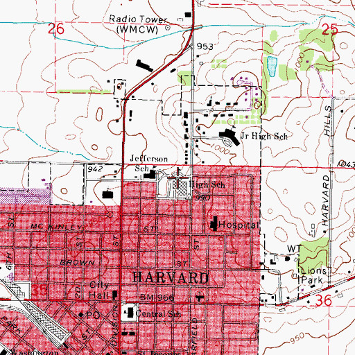 Topographic Map of Harvard High School, IL