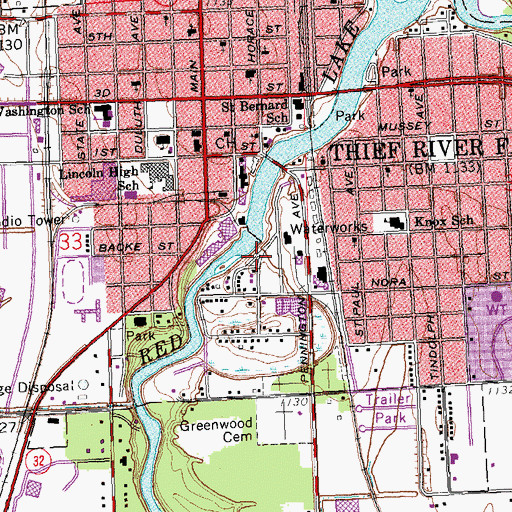 Topographic Map of Red Lake River Dam, MN