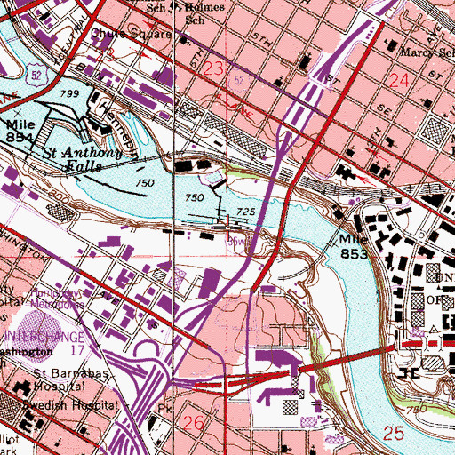 Topographic Map of Saint Anthony Falls Lower Lock and Dam, MN
