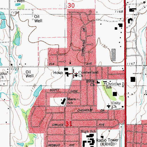 Topographic Map of Cumberland Church, OK
