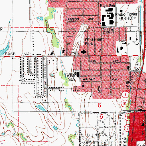 Topographic Map of Mark Twain Elementary School, OK