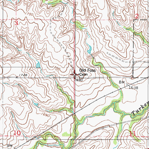 Topographic Map of Old Foss Cemetery, OK