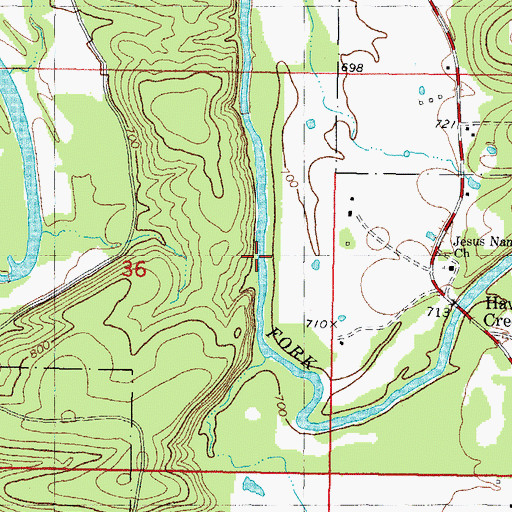 Topographic Map of Jesus Name Church, OK