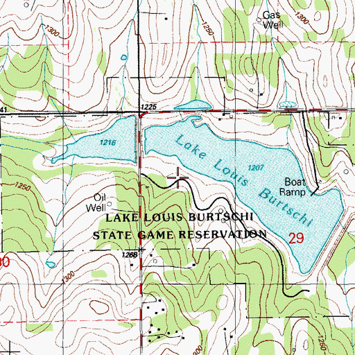 Topographic Map of Lake Louis Burtschi State Game Reservation, OK