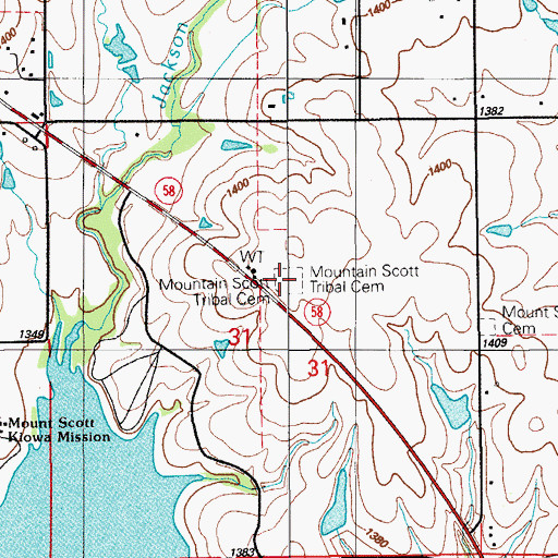 Topographic Map of Mountain Scott Tribal Cemetery, OK