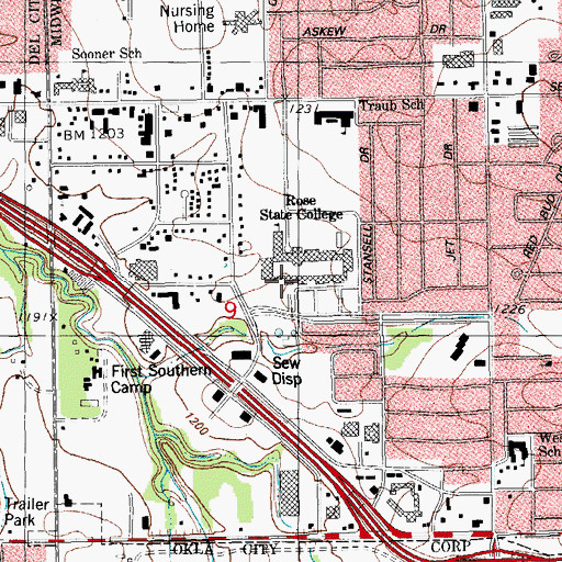 Topographic Map of Rose State College, OK