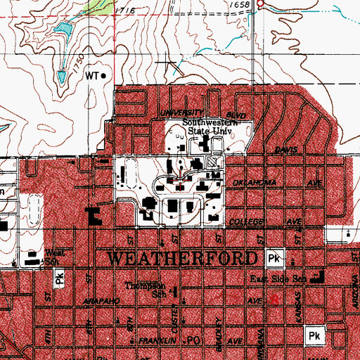 Topographic Map of Southwestern Oklahoma State University, OK