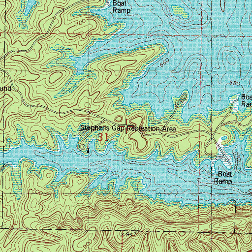 Topographic Map of Stephens Gap Recreation Area, OK
