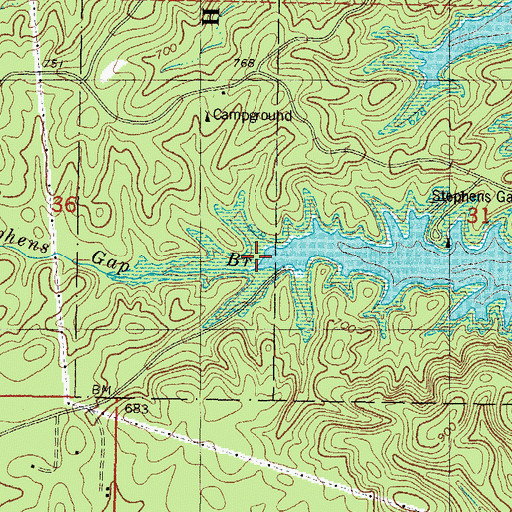Topographic Map of Stephens Gap Branch, OK