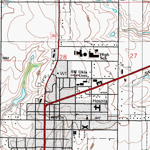 Topographic Map of Southwest Oklahoma State University, OK