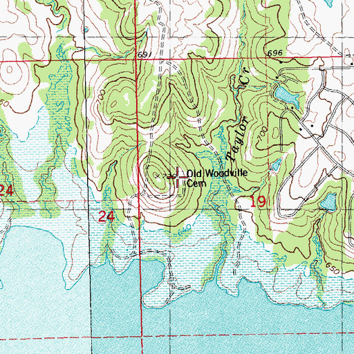 Topographic Map of Old Woodville Cemetery, OK