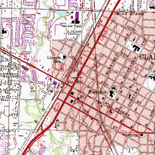Topographic Map of Claremore Plaza Shopping Center, OK
