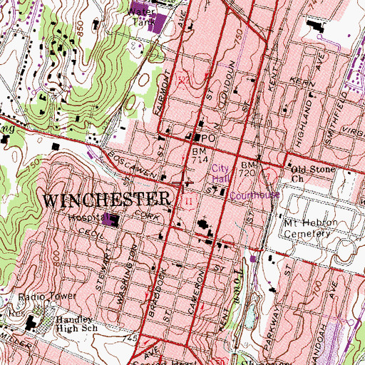 Topographic Map of Winchester Historic District, VA