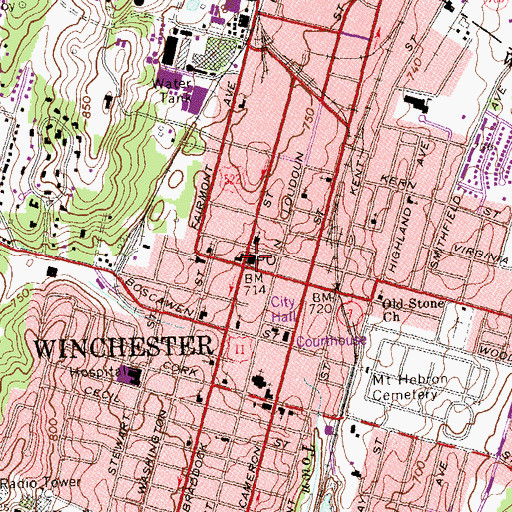 Topographic Map of Downtown Winchester Post Office, VA