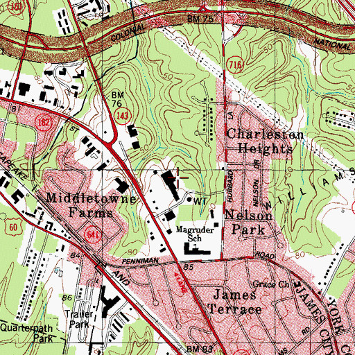Topographic Map of James-York Plaza Shopping Center, VA