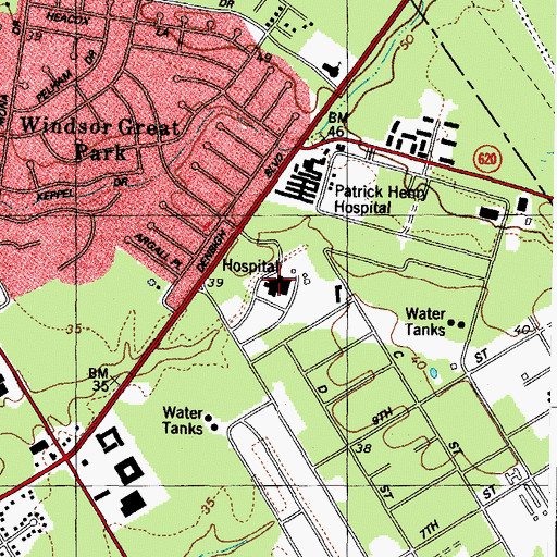 Topographic Map of Bon Secours Mary Immaculate Hospital, VA