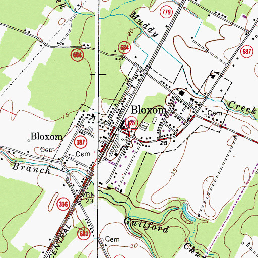 Topographic Map of Bloxom Post Office, VA