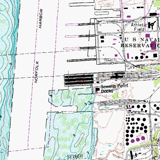 Topographic Map of Sewells Point Docks, VA