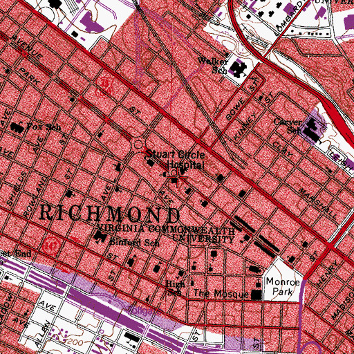 Topographic Map of Stuart Circle Hospital, VA
