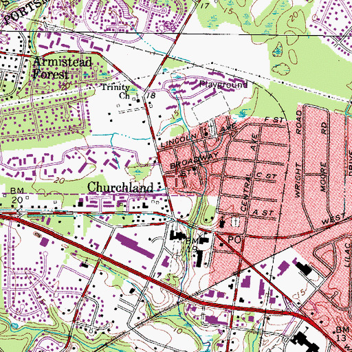 Topographic Map of Churchland Post Office, VA