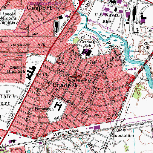 Topographic Map of Cradock Station Portsmouth Post Office, VA