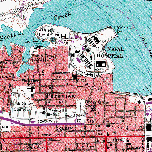 Topographic Map of Portsmouth General Hospital, VA