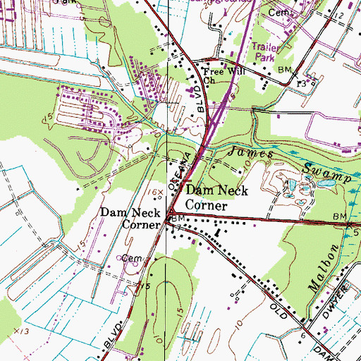 Topographic Map of Dam Neck Square Shopping Center, VA