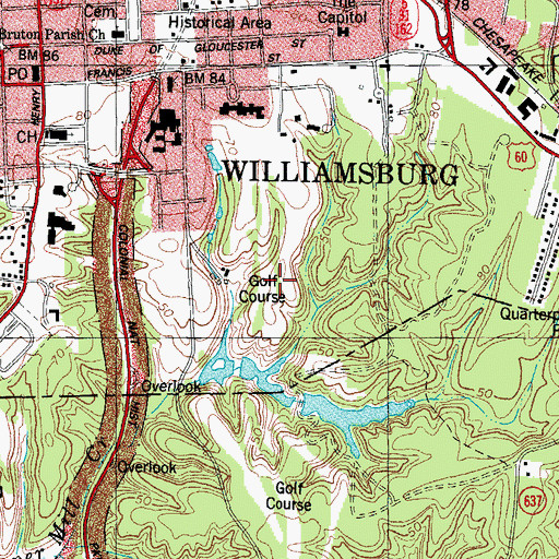 Topographic Map of Golden Horseshoe Golf Course, VA