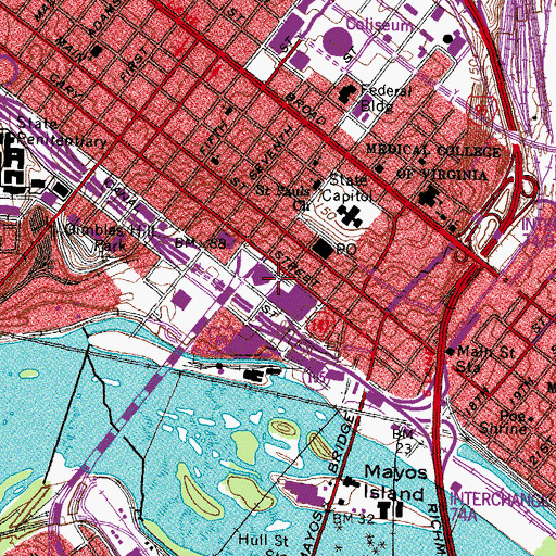 Topographic Map of Shockoe Warehouse District (historical), VA
