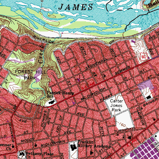 Topographic Map of Woodland Heights Baptist Church, VA