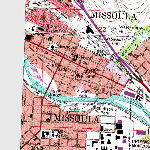 Topographic Map of Missoula Public Library, MT
