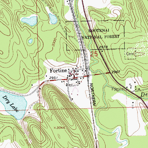 Topographic Map of Fortine Post Office, MT