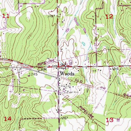 Topographic Map of Woods Community Baptist Church, OK